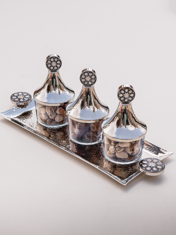 Ra set rectangular copper tray set with signature side handles and three lidded jars
