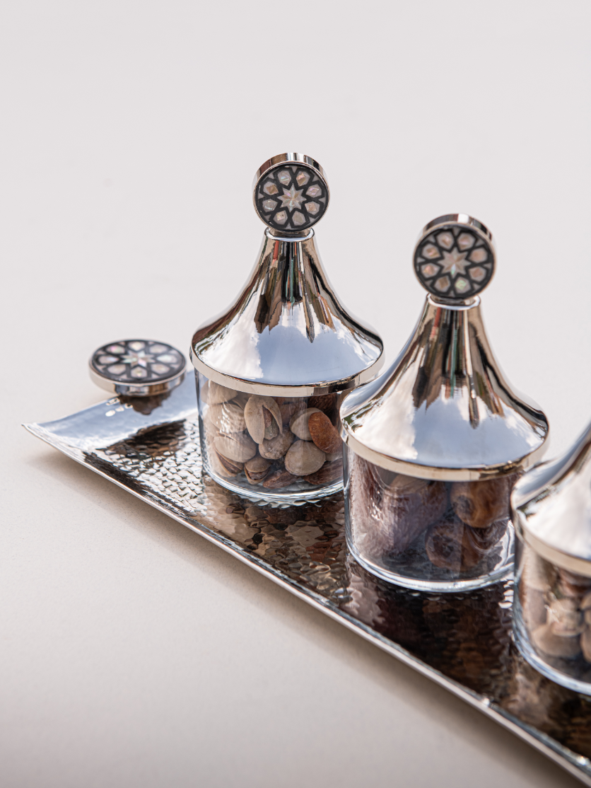 Ra set rectangular copper tray set with signature side handles and three lidded jars